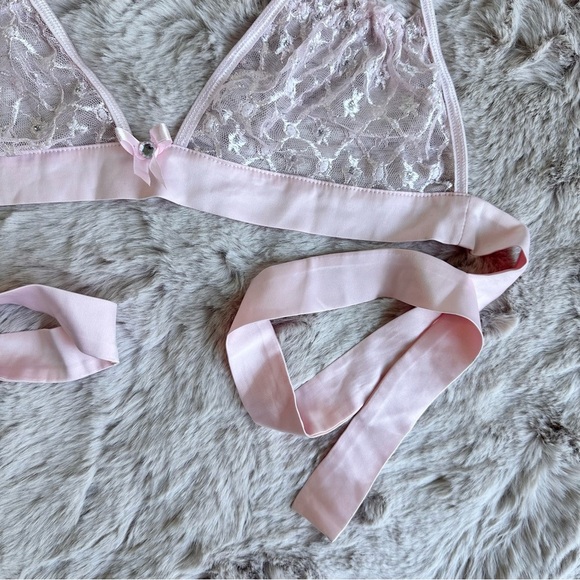 Exposed Light Pink Rave/Lingerie Top with Lace Cups & Satin Bow/Ties - Picture 2 of 5